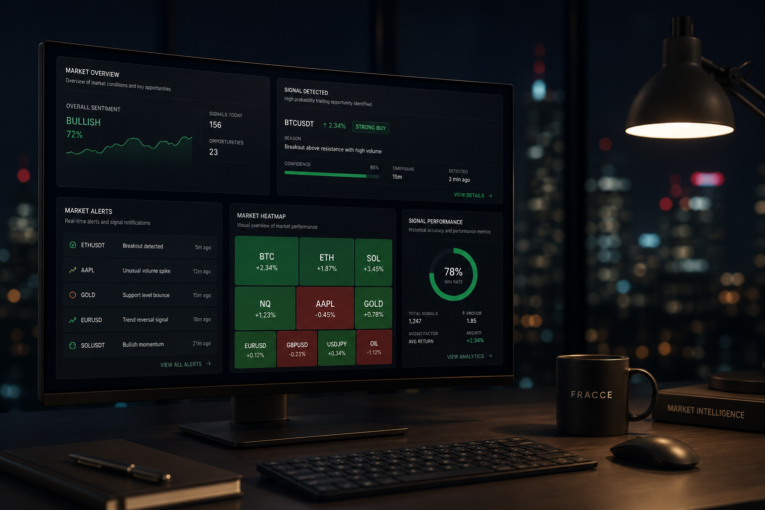 FRACCE GFWS market intelligence dashboard displayed on a monitor with branded mug